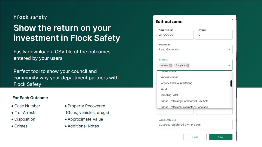 Flock Safety slide titled Show the return on your investment in Flock Safety. Text promotes downloading a CSV of user-entered outcomes for council and community. Listed fields: case number, number of arrests, disposition, crimes, property recovered, approximate value, notes. Right side shows a demo Edit outcome form with sample data, not Blue Springs statistics.