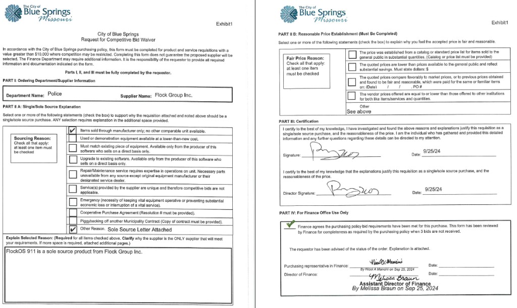 City of Blue Springs Request for Competitive Bid Waiver, Exhibit 1, both pages side by side. Department Police, supplier Flock Group Inc. Checked: manufacturer only, no other comparable unit available, and sole source letter attached. Explanation: FlockOS 911 is a sole source product from Flock Group Inc. Part II B Other with See above for price. Signed and finance-approved September 25, 2024.